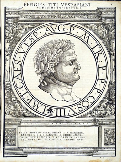 Tito Vespasiano, ilustración de Imperatorum romanorum omnium orientalium et occidentalium verissimae imagines ex antiquis numismatis de Hans Rudolf Manuel Deutsch